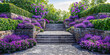 Stone steps and terraced garden beds with purple flowers background, hardscaping, landscaping, upscale luxury exterior home design, wide banner