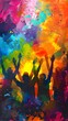 Colorful Celebration: Happy People with Raised Arms in Dynamic Scene

