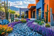 © Sunshower Shots - River rock stone hardscaping with cacti, landscaping, orange and gray modern Southwestern desert home design