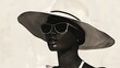 Chic Fashion Illustration with black model, Large Hat and Sunglasses on White Background