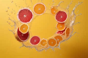 Slices of fresh juicy grapefruits, oranges in water splashes on yellow background with copy space. Citrus fruits cut in water drops. Summer freshness, poster design. Flat lay, top view