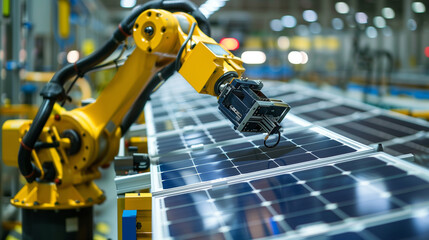 Poster - modern AI robotic arm working on solar panels production assembly line, industry automation 