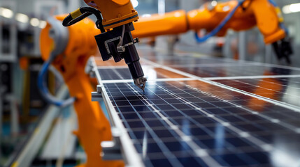 Poster - modern AI robotic arm working on solar panels production assembly line, industry automation 