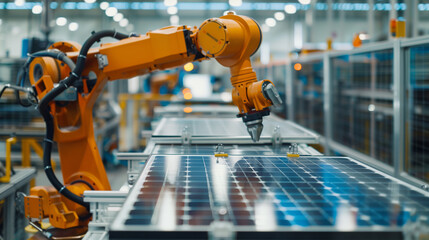 Poster - modern AI robotic arm working on solar panels production assembly line, industry automation 