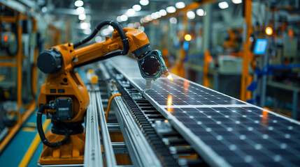 Poster - modern AI robotic arm working on solar panels production assembly line, industry automation 