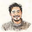 Happy Asian Man in Cozy Sweater: Simple Watercolor Sketch on White Background

