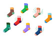 Set of colorful sock - dirty, stinky, with holes, bad Unpleasant smell Household and laundry concept. Apparel with stains, Leaky. Fashion accessory technical illustration. Vector flat sketch outline