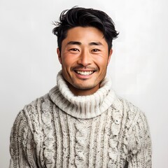 Wall Mural - Happy Asian Man in Sweater on White Background