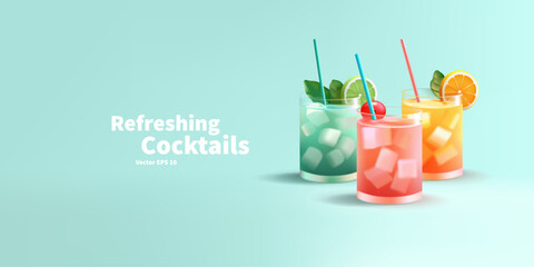 3D refreshing summer cocktails, drinks with ice. Realistic image of colored drinks in glass glasses. The image is on a blue background for advertising summer holidays, promotional offers,