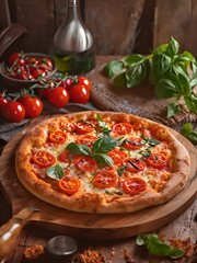 Canvas Print - Photo of an Italian pizza with tomatoes and basil on the table. Generate AI image