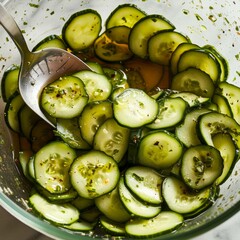 Wall Mural - the cucumbers being added to the dressing in the bowl