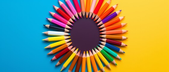 Brightly colored pencils arranged in a circle on a vibrant background, ideal for back to school promotions,