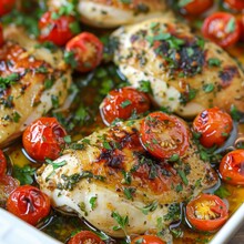 The Garlic Tomato Baked Chicken Recipe Combines Chicken, Garlic, Cherry Tomatoes, And Herbs