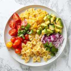 Wall Mural - the ingredients for a cilantro lime pasta salad include uncooked bow tie pasta, fresh corn kernels, halved cherry tomatoes