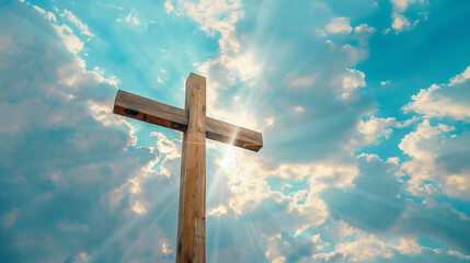 Wall Mural - Wooden cross on a blue sky with clouds and sun rays in the background