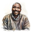 African Man in Cozy Sweater Smiles: Watercolor Art on White Background