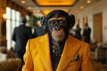 Wall Mural - A Black-Handed Spider Monkey in a crisp business suit, standing confidently in a bustling corporate office, AI Generative