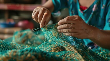 girl sew the fishnet. Fisherman woman Repairs Fishing Net.