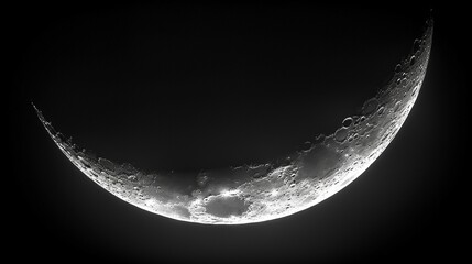 the crescent moon is illuminated by the glow of sunlight, casts shadows on its relief. black backgro