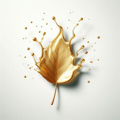 Wall Mural - golden translucent liquid splashed on a white background shaping the simple silhouette of a leaf