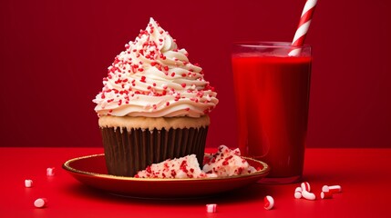 Festive holiday drink cupcakes designed to look like pieces of cake complete with frosting and sprinkles set against a solid red background for a cheerful Christmas theme