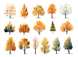 Wall Mural - set of watercolor autumn trees on isolated white background