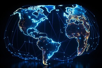 Poster - A striking image of a luminous blue earth network globe against a black background, symbolizing global connectivity and communication. Ideal for tech and globalization themes