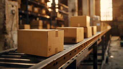 Weathered Cardboard Boxes Moving Along Industrial Conveyor Belt in Warehouse Setting with Subtle Ambient Lighting