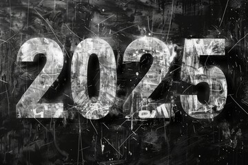 Numbers 2025 in grunge style. Background with selective focus and copy space