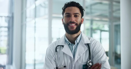 Poster - Hospital, happy and face of doctor with crossed arms for medical career, service and consulting in clinic. Professional, healthcare and portrait of man with confidence for wellness, trust and care