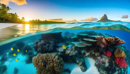 Wall Mural - An aerial view of Mauritius with white sandy beaches and turquoise waters