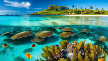 Wall Mural - An aerial view of a tropical island with white sandy beaches and turquoise waters, surrounded by palm trees 