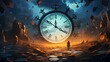 © Tida - Surreal time concept with a giant clock - A fantasy depiction showing a colossal clock floating amidst ruins against a fiery sunset, symbolizing time's dominance