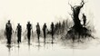 A group of undead walking in a barren field. The people are all wearing the same clothes and they are all walking in the same direction. The image is creepy  