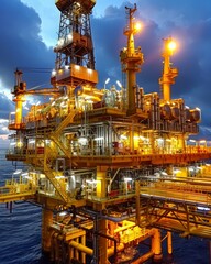 Offshore Oil Rig Operating at Night, with Lights Glowing Against the Ocean Background, Symbolizing Energy Extraction