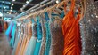 A rack of colorful prom dresses in a store