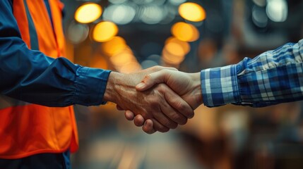 Two men in hard hats shaking hands in a factory setting.