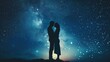 In universe landscape, couple stands together under starry night sky, Ai Generated