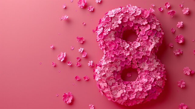 Eye-catching pink number 8 against global background, text space.
