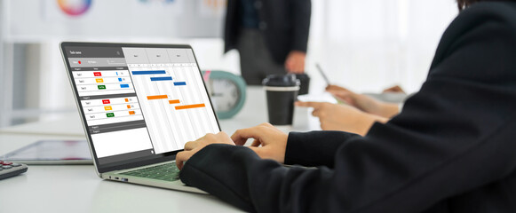 Wall Mural - Project planning software for modish business project management on the computer screen showing timeline chart of the team project