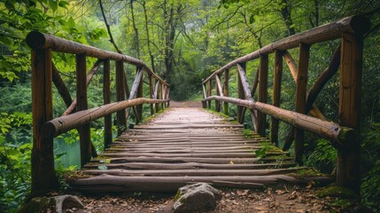 Wall Mural - beautiful old wooden bridge at a forest