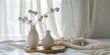 Cotton flowers in beige ceramic vase on a wooden tray with cotton buds in the background of cozy bedroom background with large window with white linen curtains under sunlight, copy space.