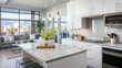 Sparkling clean kitchen with stainless steel appliances gleaming, minimalistic design, morning light