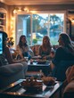 A group of friends sits together at home, enjoying food and drinks, spending quality time chatting and laughing, creating warm memories and strengthening their bonds of friendship.