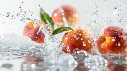 Wall Mural - Peach in water splash, fresh juicy peach