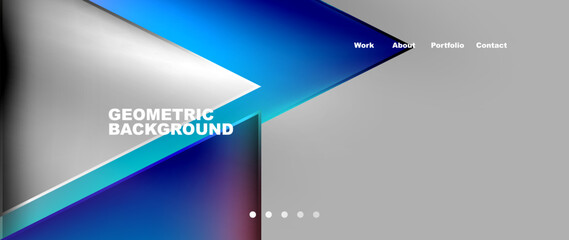 Poster - An electronic device with a display screen showcasing a geometric background of azure, white, and purple triangles on a gray backdrop, resembling a modern facade