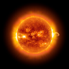 the sun from space on a black background, realistic, ultra detailed illustration of the sun with sol