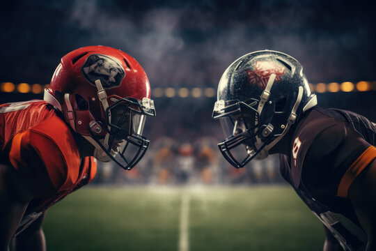 Two football players in helmets facing off under stadium lights, capturing the tension and excitement of a game night.