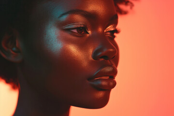 African-American woman portrayed in a dramatic red lighting, highlighting her striking profile and the texture of her skin.