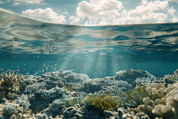 Wall Mural - A tranquil lake reflects the clouds and blue sky, merging seamlessly with the distant ocean horizon